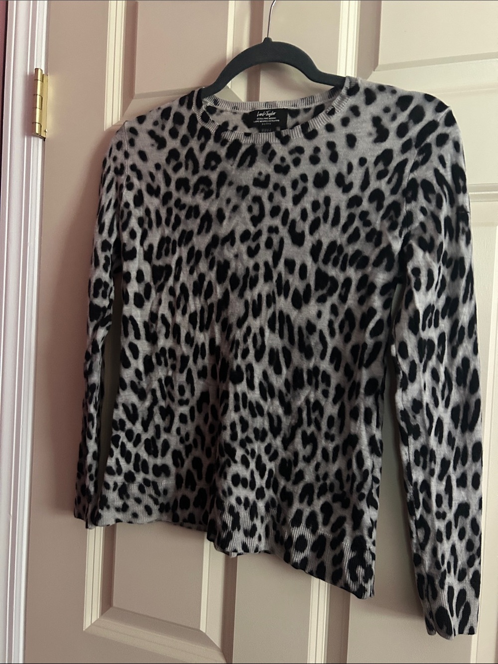 Lord & Taylor Black and Gray Leopard-Print Crewneck Sweater